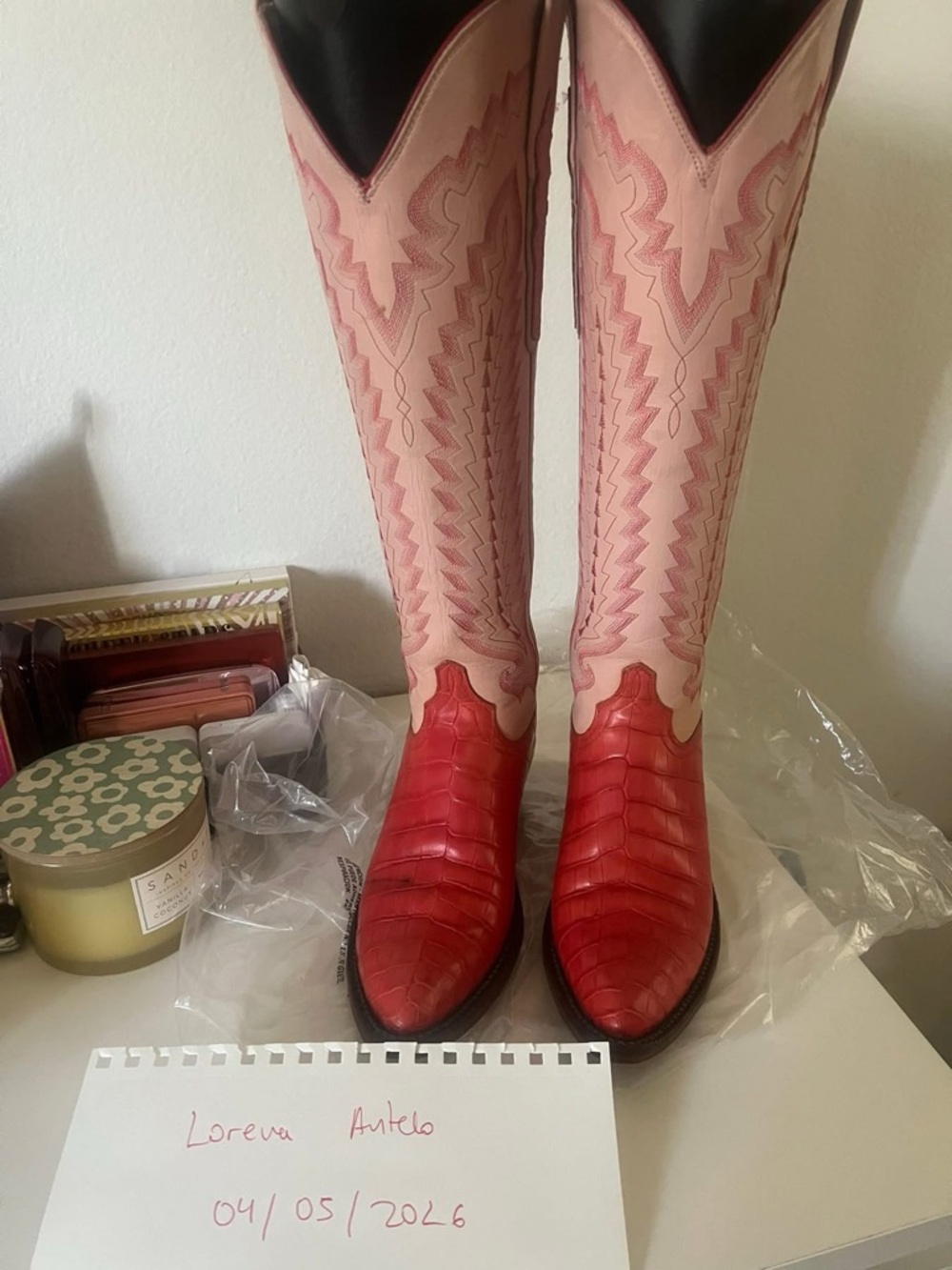 Lucchese Pink and Red Tall Heeled Western Boots